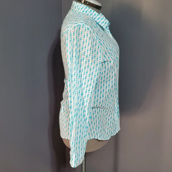 Crown & Ivy Turquoise Seahorse Long Sleeve Button Down Shirt Cotton Size L - Picture 5 of 7